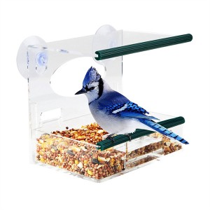 Kupaya şûştinê ya teyrê kovî ji bo pencereya derva Squirrel Proof Acrylic Bird Food Tray House