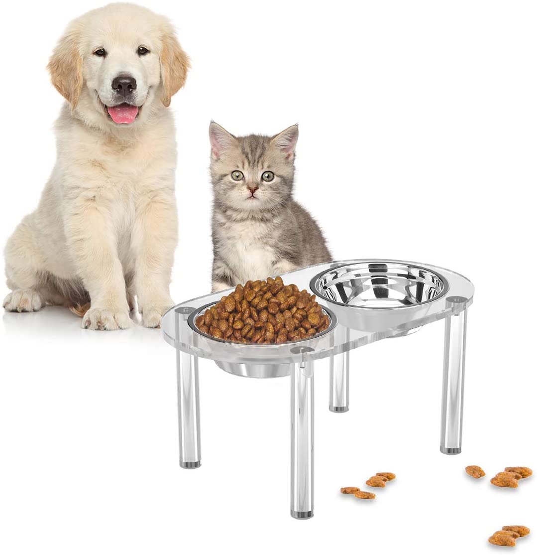 Bát ăn cho chó mèo TCH Khay đựng thức ăn cho thú cưng trên cao bằng acrylic trong suốt với 2 đĩa đựng thức ăn và nước uống Chiều cao 7 inch (2 bát trung bình)
