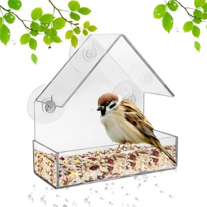 Kupaya şûştinê ya teyrê kovî ji bo pencereya derva Squirrel Proof Acrylic Bird Food Tray House