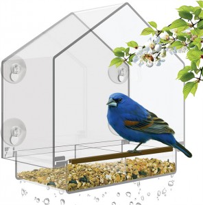 Comedero para paxaros con fiestra Casa para paxaros grande para bandexa deslizante extraíble exterior con orificios de drenaxe.O mellor para acrílico transparente para aves salvaxes